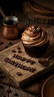Chocolate coffee cupcake with mocha frosting on rustic wood, happy birthday spelled in coffee beans, copper cezve in background.