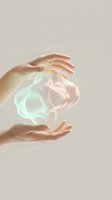 Caucasian female hands holding a glowing translucent energy orb, soft pastel tones, spiritual healing and wellness concept.