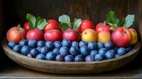 Fresh organic blueberries and small red apples arranged in rustic wooden bowl, garnished with green parsley leaves against dark background.