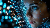 Young woman face illuminated by glowing blue digital particles effect, side profile view with dramatic lighting and bokeh background, representing AI and technology.