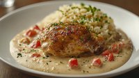 Juicy roasted chicken thigh served with creamy garlic sauce, diced red peppers and herb rice on white plate, close up view of gourmet main course.