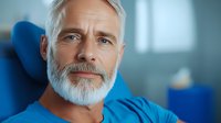Confident mature Caucasian male with stylish gray beard and hair wearing blue shirt, looking at camera with gentle smile against blurred office background.