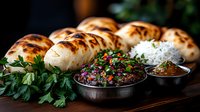 Freshly baked stuffed buns served with spicy sauce, herb garnish and steamed rice on dark wooden surface. Traditional Asian fusion cuisine presentation.
