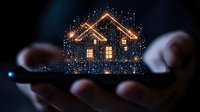 Glowing holographic house silhouette floating above hands with sparkly particles, representing smart home technology and digital real estate innovation.
