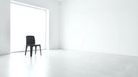 Black chair in empty white room with large window, minimalist interior design space for furniture and home decor concepts.