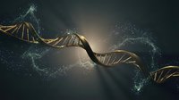 DNA double helix structure with glowing particles and light effects for genetic research, biotechnology and molecular biology concepts.