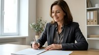 Professional businesswoman in dark suit writing documents at office desk with natural lighting and organized workspace for corporate presentations.