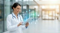 Young Asian female doctor using digital tablet with holographic medical icons in modern hospital corridor for healthcare technology applications.