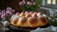 Traditional Easter bread wreath decorated with colored eggs and powdered sugar, served on rustic wooden board with pink spring flowers in background.