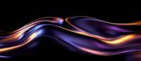 Luminous flowing waves in purple, blue and orange create dynamic abstract background with smooth glossy curves and light effects on black backdrop.