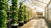 Modern greenhouse interior with vertical green plant walls in black pots, natural sunlight streaming through glass roof panels, sustainable urban farming and indoor gardening space.