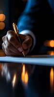Professional businessman hand holding luxury golden pen writing on document with warm bokeh lights in modern office environment for corporate communication.