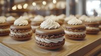 Chocolate macarons with creamy white filling arranged on wooden surface, selective focus on center macaron with soft bokeh background, fresh pastry display.