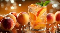Refreshing peach cocktail with ice cubes, mint leaves and fresh fruit slices in glass. Blurred bokeh background with ripe peaches creates summer mood.