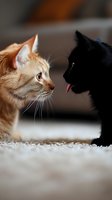 Ginger and black cats face to face in playful confrontation on carpet, creating dramatic contrast between light and dark felines with selective focus.