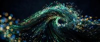 Swirling wave of emerald and gold particles flowing dynamically against dark background, creating abstract motion effect suitable for digital design, backgrounds, and creative projects.