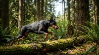 Black and tan dog jumping over moss-covered fallen log in lush green forest. Active pet exploring woodland trail during outdoor adventure and nature hike.