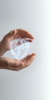 Hands holding glowing neon shield symbol against white background, representing cybersecurity, data protection, and digital safety for technology concepts.