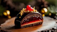 Elegant chocolate mousse cake with cherry and gold decoration on festive holiday table with warm bokeh lights creating luxurious dessert presentation atmosphere.