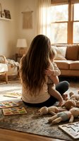 Young mother with long brown hair holding baby in cozy living room with toys scattered on floor during golden hour sunlight streaming through windows.