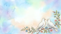 Pair of doves perched on flowering branch with watercolor wash background in soft pastel tones. Romantic, peaceful scene suitable for wedding invitations, greeting cards, and home decor.