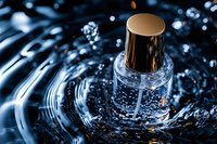 Luxury glass perfume bottle with gold cap splashing in clear water with dynamic ripples and bubbles creating dramatic cosmetic product photography.