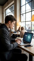 Young man, Caucasian, wearing dark hoodie, working on laptop displaying VPN security interface in modern cafe setting with large windows, smartphone on table, blurred background with other patrons for cybersecurity and online privacy concepts.