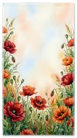 Watercolor poppy field border with red and orange blooms, green stems, and soft pastel sky, leaving copy space for text or greeting cards.