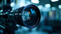 Professional camera lens with blurred city lights reflection in glass element, dark moody atmosphere for photography and filmmaking concepts.