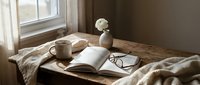 Cozy reading corner with open book, coffee cup, glasses and white flower on wooden table by window. Warm natural light creates peaceful morning atmosphere.