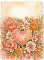 Watercolor floral greeting card with ornate heart surrounded by pink and orange roses, peonies, and leaves, with copy space at top.