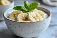 Fresh sliced bananas in creamy yogurt bowl garnished with basil leaves, served in speckled ceramic dish on marble surface, healthy breakfast concept.