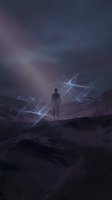 Silhouetted figure standing in barren desert landscape with glowing geometric light patterns and energy waves surrounding them, conveying concepts of spirituality, technology, and transformation for digital art and design projects.