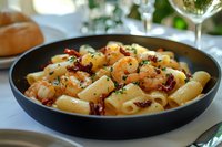 Rigatoni pasta with grilled shrimp in creamy garlic sauce, topped with fresh herbs and sun-dried tomatoes, served in black pan on white tablecloth with wine glass.