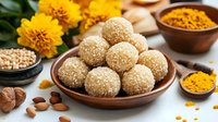 Healthy sesame seed energy balls in wooden bowl with turmeric powder, nuts and marigold flowers on rustic background for natural nutrition and wellness.