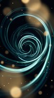 Glowing turquoise spiral vortex with swirling light trails and bokeh particles on dark background, suitable for technology, motion graphics, and digital design projects.