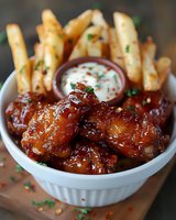 Glazed chicken wings with french fries and ranch dipping sauce in white ceramic bowl, garnished with fresh herbs. Close up food photography on wooden surface.