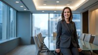 Professional businesswoman in dark suit standing confidently in modern corporate boardroom with city view windows and conference table.