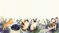 Watercolor cats and floral border on white background, isolated design with copy space for greeting cards, banners, and prints.