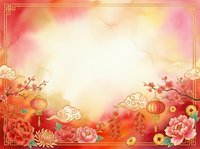 Lunar new year celebration background with red peonies, lanterns, and golden ornamental elements. Warm gradient backdrop ideal for festive greetings and seasonal designs.