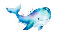 Watercolor whale with splashes isolated on white background for marine themed designs and ocean artwork projects.
