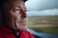Close up portrait of mature Caucasian male in red jacket looking thoughtfully through window at mountainous landscape, natural lighting highlights facial features.