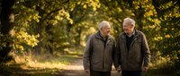 Two senior men walking together on autumn path through golden foliage, enjoying friendship and outdoor exercise in warm sunlight for healthy aging lifestyle.