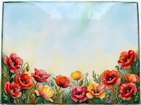 Watercolor poppy flowers frame with soft pastel sky background for spring greeting cards, wedding invitations and floral design projects.
