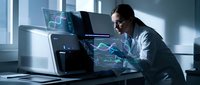 Young Asian female scientist analyzing holographic data displays in modern laboratory with advanced technology equipment for research and development projects.