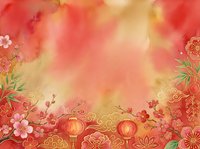 Lunar new year celebration background with red lanterns, blooming flowers, and golden ornamental elements on warm gradient backdrop.