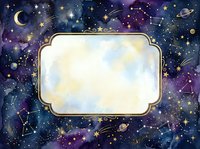 Watercolor cosmic frame with stars, planets and constellations on dark purple galaxy background. Space border template for text, invitations and celestial designs.