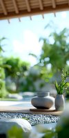 Minimalist zen garden composition with stone vases on wooden deck, decorative pebbles and fresh greenery against blurred natural background. Peaceful spa setting.