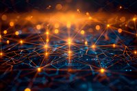 Glowing orange and blue network connections with light nodes forming an interconnected mesh pattern against dark background, representing digital technology.