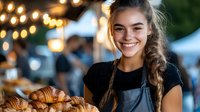 Young female baker with braided hair smiling while holding fresh croissants at outdoor market with warm string lights creating cozy evening atmosphere.